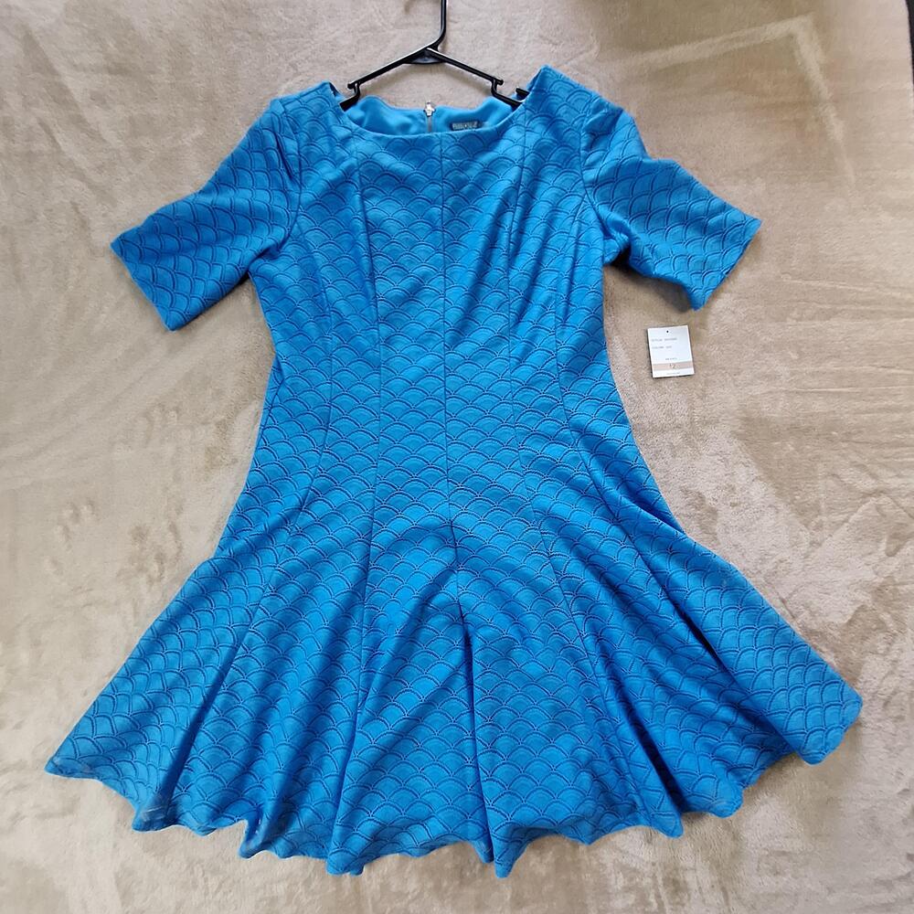 Gabby Skye Dress Womens 12 Blue Lace Mermaid Scallop Fit & Flare Short Sleeve